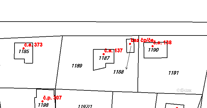Zadní Třebaň 137 na parcele st. 1187 v KÚ Zadní Třebaň, Katastrální mapa