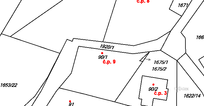 Chlístov 9, Okrouhlice na parcele st. 90/1 v KÚ Chlístov u Okrouhlice, Katastrální mapa