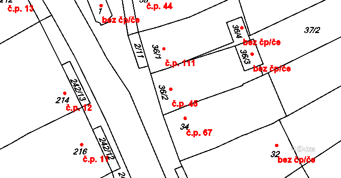 Bohumilice 45, Klobouky u Brna na parcele st. 36/2 v KÚ Bohumilice, Katastrální mapa