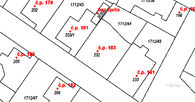 Tymákov 183 na parcele st. 232 v KÚ Tymákov, Katastrální mapa