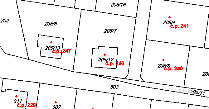 Malešov 246 na parcele st. 205/12 v KÚ Malešov, Katastrální mapa