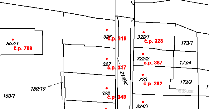 Lišov 317 na parcele st. 327 v KÚ Lišov, Katastrální mapa
