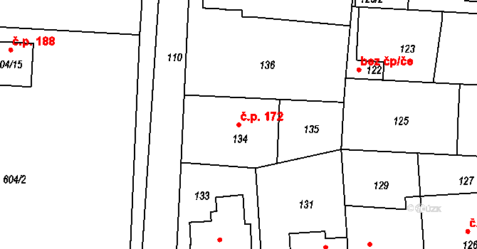 Drahelice 172, Nymburk na parcele st. 134 v KÚ Drahelice, Katastrální mapa