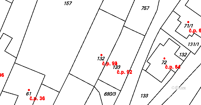 Tvrdkov 93 na parcele st. 132 v KÚ Tvrdkov, Katastrální mapa