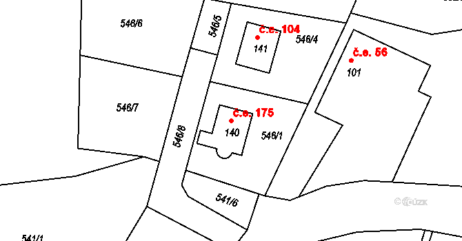 Tožice 175, Bystřice na parcele st. 140 v KÚ Božkovice, Katastrální mapa