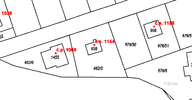 Kamenice 1154 na parcele st. 659 v KÚ Těptín, Katastrální mapa