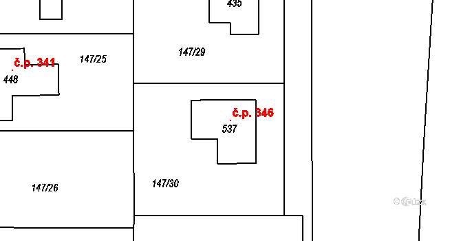Minice 346, Kralupy nad Vltavou na parcele st. 537 v KÚ Minice u Kralup nad Vltavou, Katastrální mapa