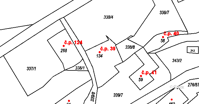 Děčín XXVII-Březiny 39, Děčín na parcele st. 134 v KÚ Březiny u Děčína, Katastrální mapa