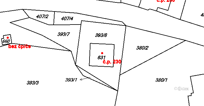 Jamné nad Orlicí 230 na parcele st. 631 v KÚ Jamné nad Orlicí, Katastrální mapa