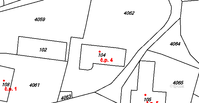 Houkov 4, Helvíkovice na parcele st. 104 v KÚ Helvíkovice, Katastrální mapa