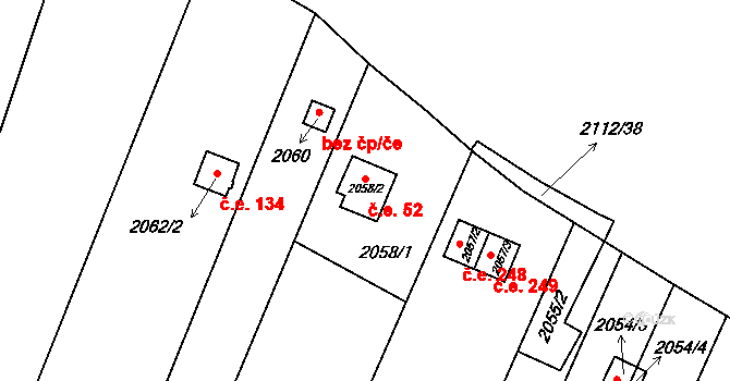 Maloměřice 52, Brno na parcele st. 2058/2 v KÚ Maloměřice, Katastrální mapa