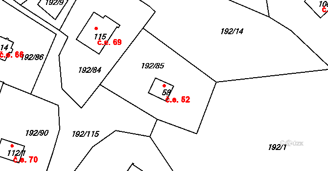 Mradice 52, Postoloprty na parcele st. 58 v KÚ Mradice, Katastrální mapa