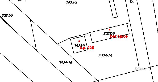 Pelhřimov 208 na parcele st. 3028/4 v KÚ Pelhřimov, Katastrální mapa