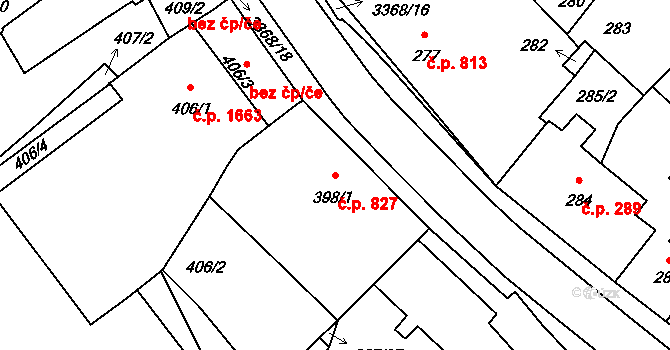 Pelhřimov 827 na parcele st. 398/1 v KÚ Pelhřimov, Katastrální mapa