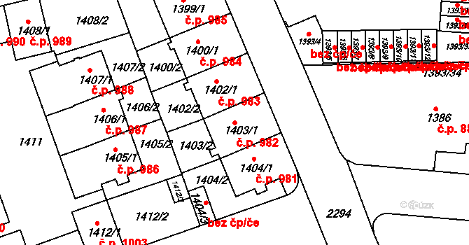 Trnovany 982, Teplice na parcele st. 1403/1 v KÚ Teplice-Trnovany, Katastrální mapa