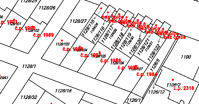 Místek 1986, Frýdek-Místek na parcele st. 1128/105 v KÚ Místek, Katastrální mapa