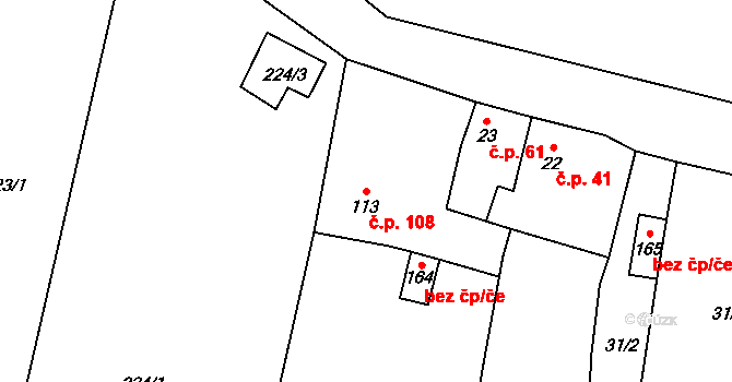 Okrouhlé Hradiště 108, Konstantinovy Lázně na parcele st. 113 v KÚ Okrouhlé Hradiště, Katastrální mapa
