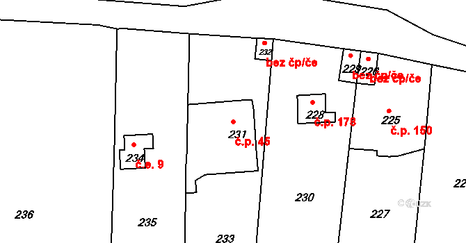 Lochkov 45, Praha na parcele st. 231 v KÚ Lochkov, Katastrální mapa