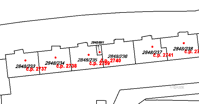 Záběhlice 2740, Praha na parcele st. 2848/236 v KÚ Záběhlice, Katastrální mapa