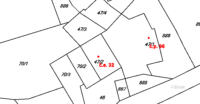 Kohoutov 32 na parcele st. 47/2 v KÚ Kladruby u Kohoutova, Katastrální mapa