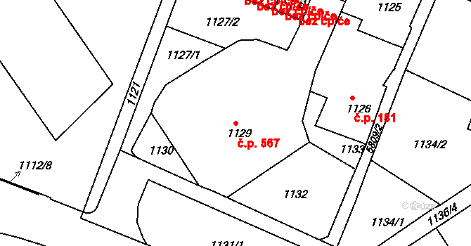 Liberec IV-Perštýn 567, Liberec na parcele st. 1129 v KÚ Liberec, Katastrální mapa