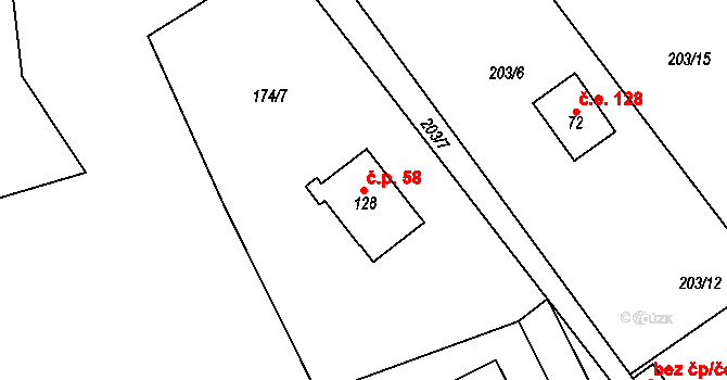 Kunčí 58, Slatiňany na parcele st. 128 v KÚ Kunčí, Katastrální mapa