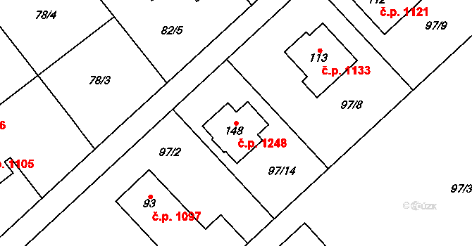 Litovel 1248 na parcele st. 148 v KÚ Chořelice, Katastrální mapa