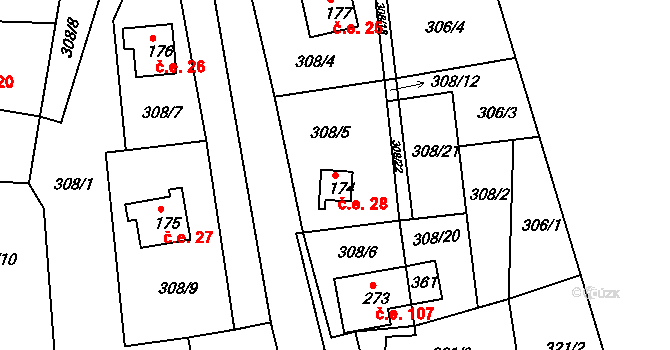 Mikulov 28 na parcele st. 174 v KÚ Mikulov v Krušných horách, Katastrální mapa
