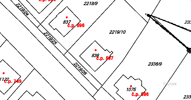 Halenkovice 597 na parcele st. 838 v KÚ Halenkovice, Katastrální mapa