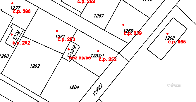 Štípa 252, Zlín na parcele st. 1283/1 v KÚ Štípa, Katastrální mapa