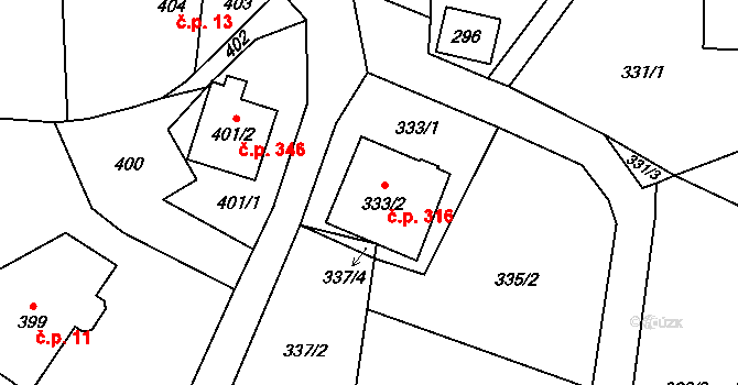 Bobrovníky 316, Hlučín na parcele st. 333/2 v KÚ Bobrovníky, Katastrální mapa