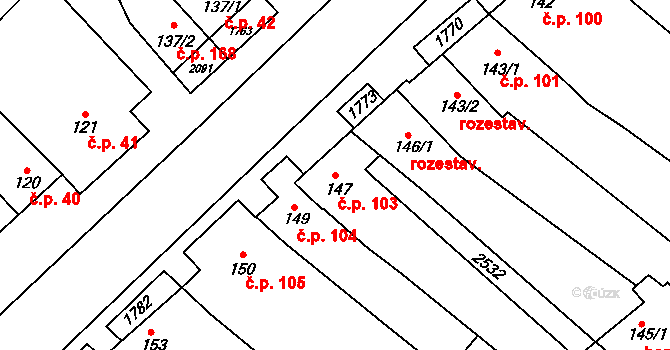 Hostěrádky-Rešov 103 na parcele st. 147 v KÚ Hostěrádky, Katastrální mapa