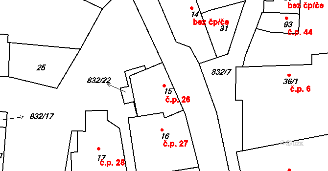 Bor u Chroustovic 26, Rosice na parcele st. 15 v KÚ Bor u Chroustovic, Katastrální mapa