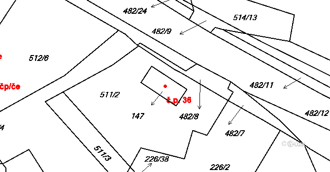 Pomezí nad Ohří 36 na parcele st. 147 v KÚ Pomezí nad Ohří, Katastrální mapa