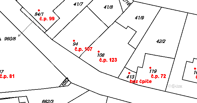 Smrkovice 123, Písek na parcele st. 108 v KÚ Smrkovice, Katastrální mapa