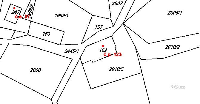 Hynčina 123 na parcele st. 152 v KÚ Hynčina, Katastrální mapa