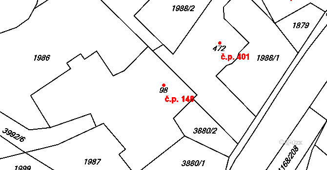 Libouchec 148 na parcele st. 98 v KÚ Libouchec, Katastrální mapa