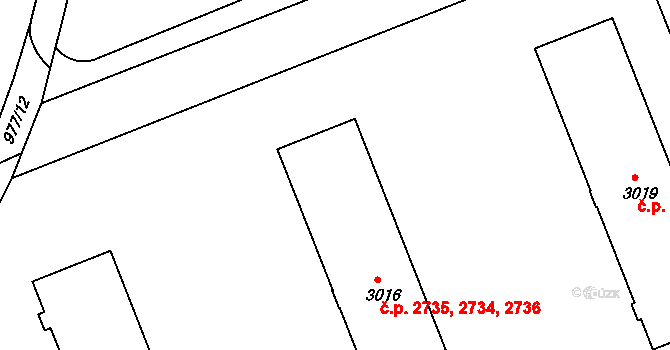 Kroměříž 2734,2735,2736 na parcele st. 3016 v KÚ Kroměříž, Katastrální mapa