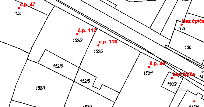 Těšetice 118 na parcele st. 152/2 v KÚ Těšetice u Znojma, Katastrální mapa