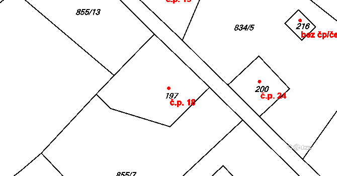 Pěnčín 18 na parcele st. 197 v KÚ Huť, Katastrální mapa