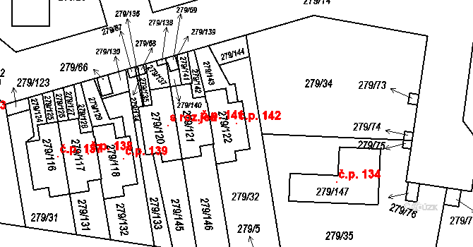 Náchod 142, Tábor na parcele st. 279/122 v KÚ Náchod u Tábora, Katastrální mapa