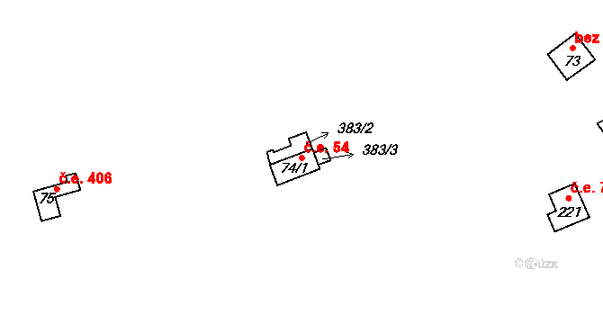 Hosov 54, Jihlava na parcele st. 74/1 v KÚ Hosov, Katastrální mapa