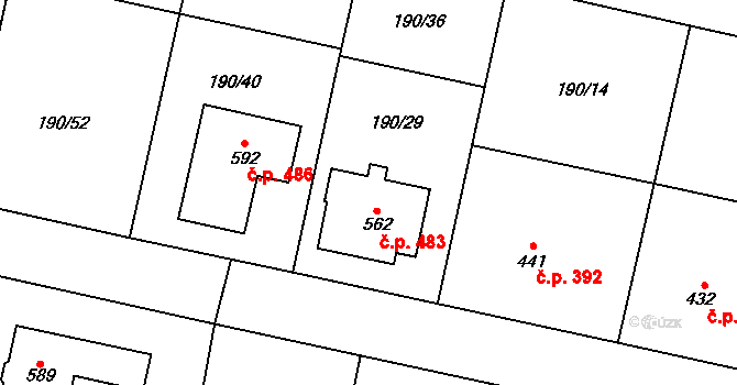 Rožďalovice 483 na parcele st. 562 v KÚ Rožďalovice, Katastrální mapa