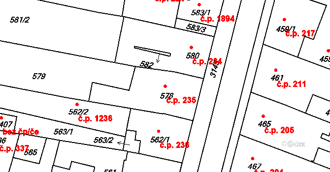 Čelákovice 235 na parcele st. 578 v KÚ Čelákovice, Katastrální mapa