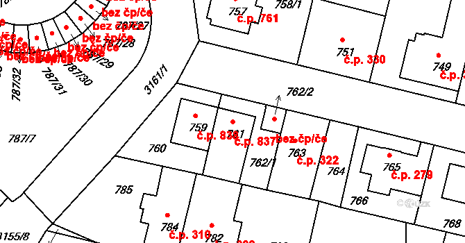 Čelákovice 837 na parcele st. 761 v KÚ Čelákovice, Katastrální mapa