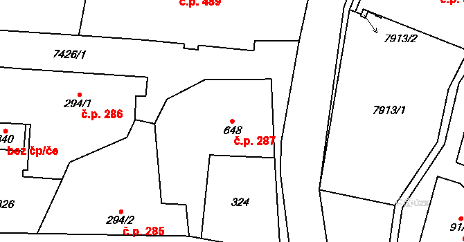 Dambořice 287 na parcele st. 648 v KÚ Dambořice, Katastrální mapa