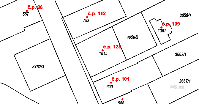 Hamiltony 123, Vyškov na parcele st. 1015 v KÚ Dědice u Vyškova, Katastrální mapa