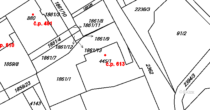 Lomnice nad Popelkou 613 na parcele st. 445/1 v KÚ Lomnice nad Popelkou, Katastrální mapa