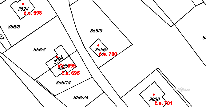 Ostravice 700 na parcele st. 3596 v KÚ Staré Hamry 2, Katastrální mapa