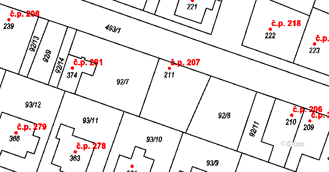 Skřivany 207 na parcele st. 211 v KÚ Skřivany, Katastrální mapa